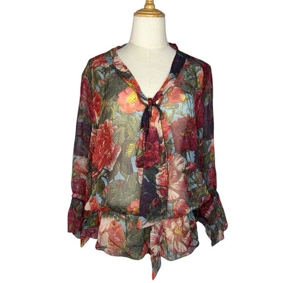 NWOT Haute Hippie 100% Silk Sheer Floral Blouse Ruched Hem Tie Neck Size Medium - Picture 1 of 11